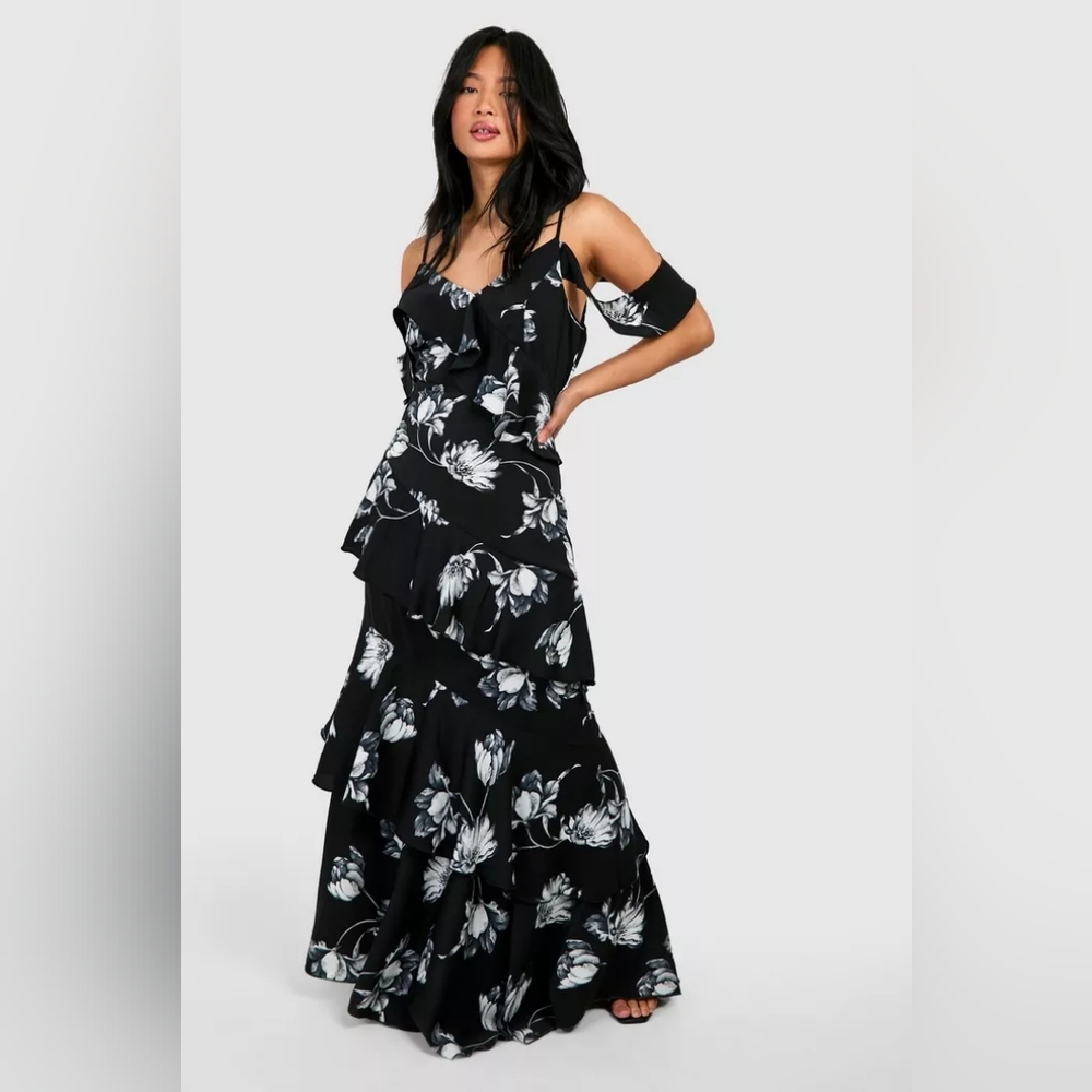 Boohoo black and white floral ruffle dress
